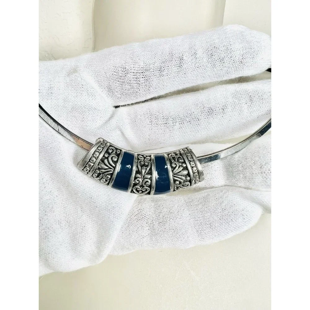 Tibetan Silver Filligree Sliding Pendant Charm Blue EnameL Necklace Choker VNTG - Picture 8 of 8
